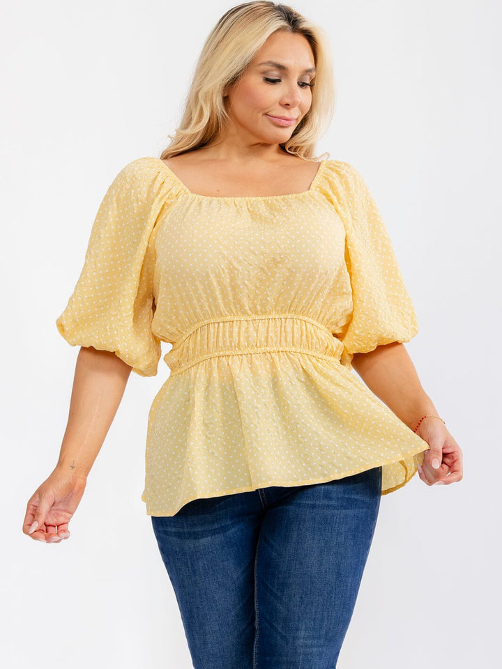 PLUS SIZE SHORT PUFF SLEEVE ELASTIC WAIST POLKA DOTS PEPLUM BLOUSE