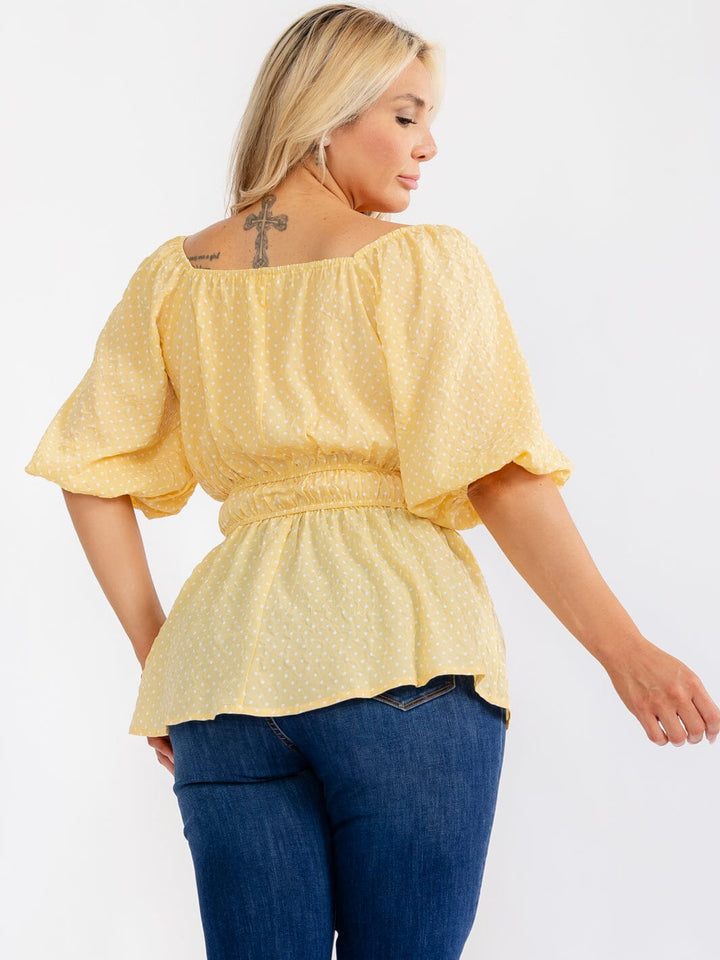 PLUS SIZE SHORT PUFF SLEEVE ELASTIC WAIST POLKA DOTS PEPLUM BLOUSE
