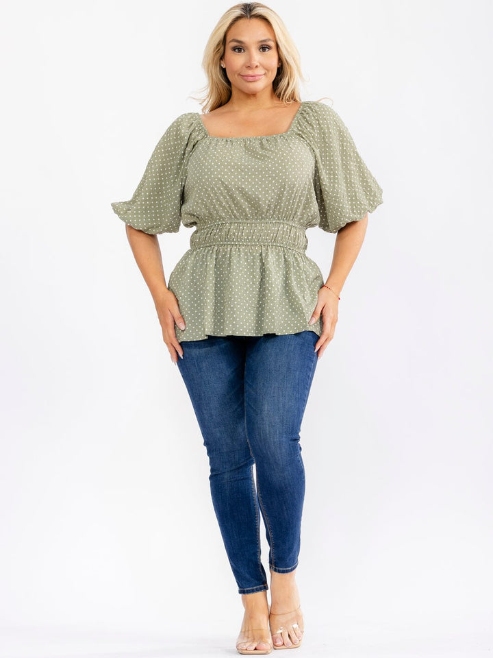 PLUS SIZE SHORT PUFF SLEEVE ELASTIC WAIST POLKA DOTS PEPLUM BLOUSE
