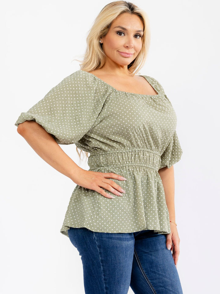 PLUS SIZE SHORT PUFF SLEEVE ELASTIC WAIST POLKA DOTS PEPLUM BLOUSE