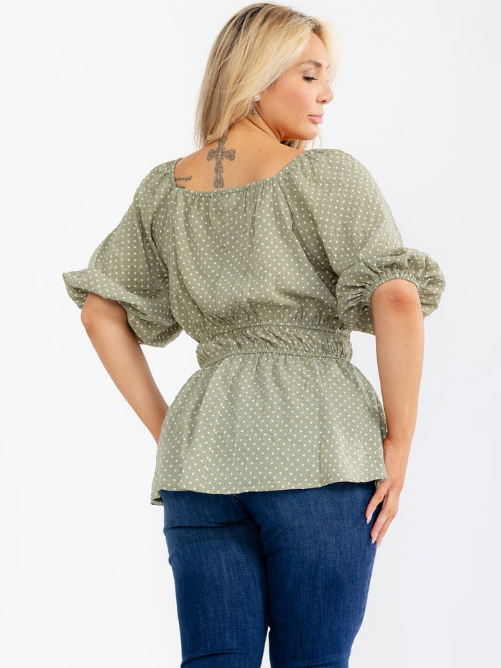 PLUS SIZE SHORT PUFF SLEEVE ELASTIC WAIST POLKA DOTS PEPLUM BLOUSE