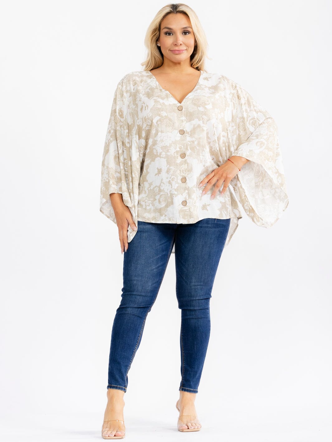 PLUS SIZE LONG BELL SLEEVE BUTTON UP LOOOSE FIT FLORAL BLOUSE
