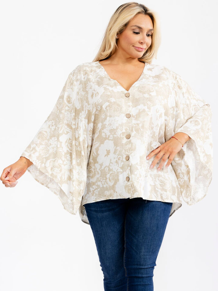 PLUS SIZE LONG BELL SLEEVE BUTTON UP LOOOSE FIT FLORAL BLOUSE