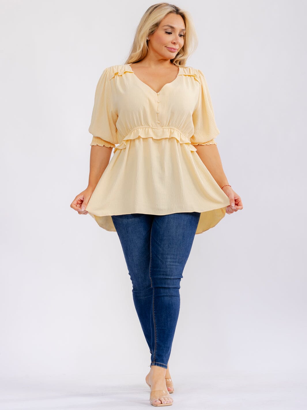 PLUS SIZE SHORT PUFF SLEEVE V-NECK ELASTIC WAIST PEPLUM BLOUSE
