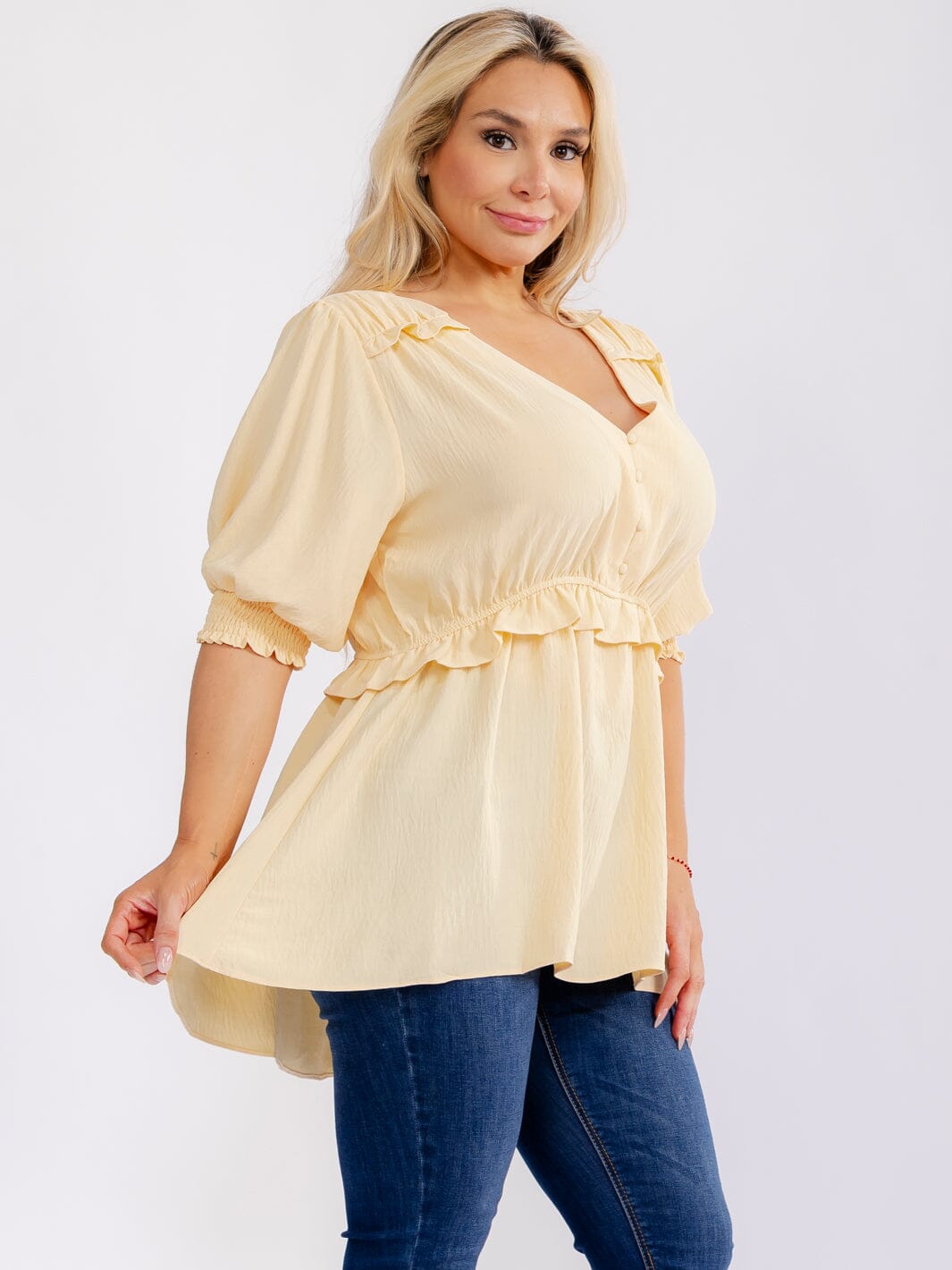 PLUS SIZE SHORT PUFF SLEEVE V-NECK ELASTIC WAIST PEPLUM BLOUSE