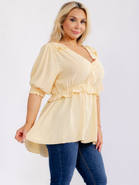 PLUS SIZE SHORT PUFF SLEEVE V-NECK ELASTIC WAIST PEPLUM BLOUSE