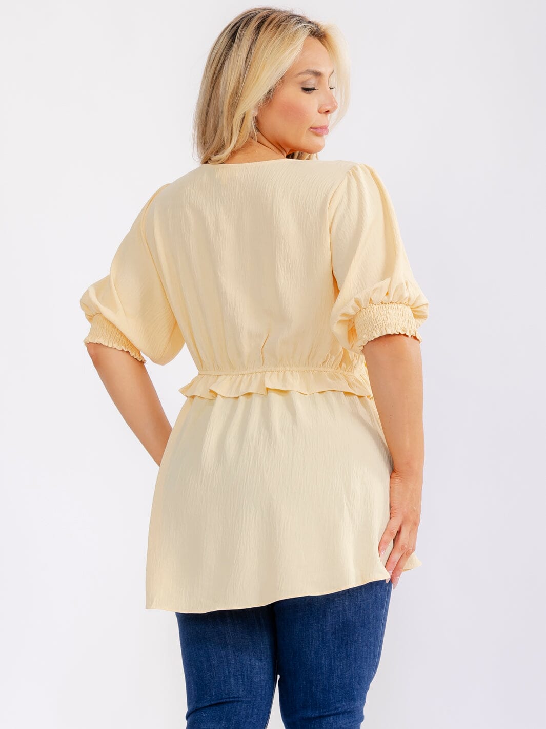 PLUS SIZE SHORT PUFF SLEEVE V-NECK ELASTIC WAIST PEPLUM BLOUSE