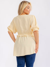 PLUS SIZE SHORT PUFF SLEEVE V-NECK ELASTIC WAIST PEPLUM BLOUSE
