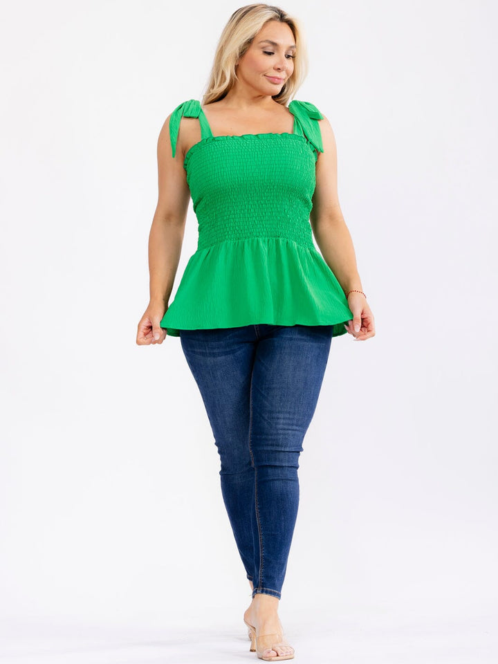 PLUS SIZE SLEEVELESS SMOCK PEPLUM TOP