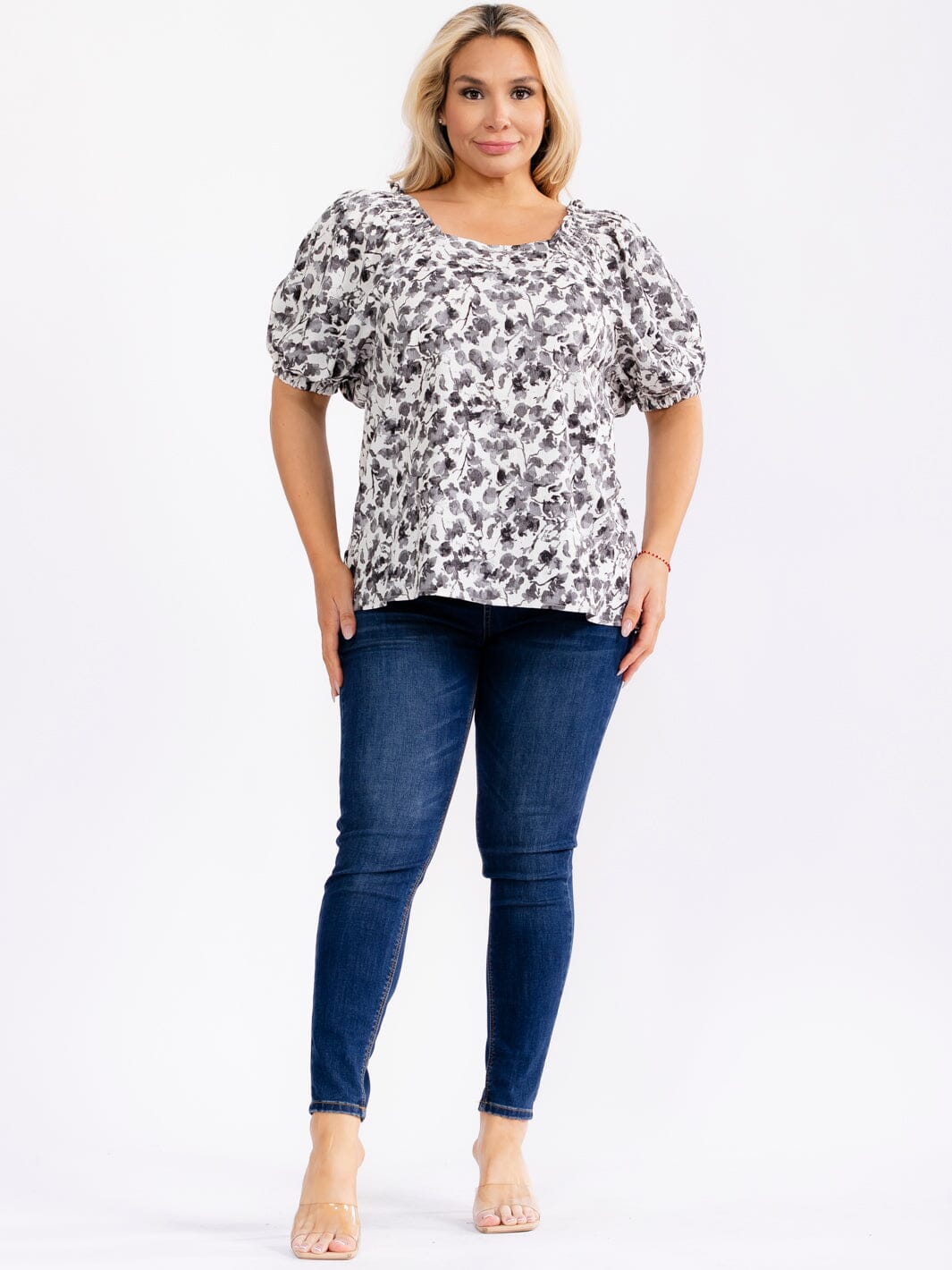 PLUS SIZE SHORT PUFF SLEEVE SQUARE NECK FLORAL BLOUSE