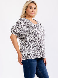 PLUS SIZE SHORT PUFF SLEEVE SQUARE NECK FLORAL BLOUSE