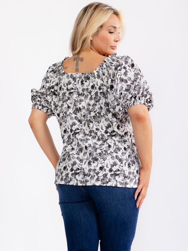 PLUS SIZE SHORT PUFF SLEEVE SQUARE NECK FLORAL BLOUSE