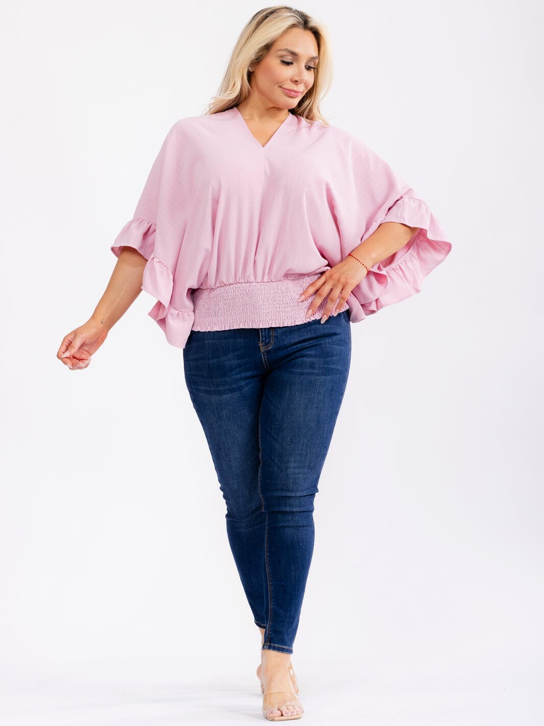 PLUS SIZE SHORT RUFFLE SLEEVE V-NECK ELASTIC WAIST BLOUSE