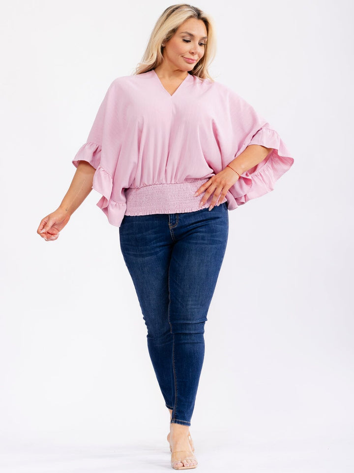 PLUS SIZE SHORT RUFFLE SLEEVE V-NECK ELASTIC WAIST BLOUSE