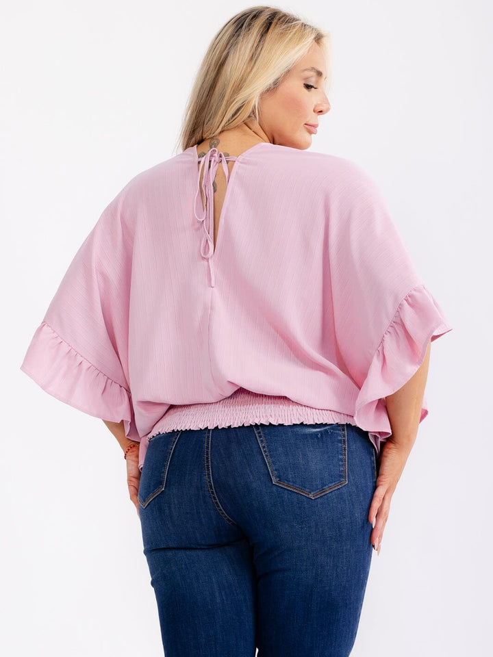 PLUS SIZE SHORT RUFFLE SLEEVE V-NECK ELASTIC WAIST BLOUSE