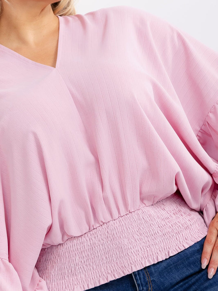 PLUS SIZE SHORT RUFFLE SLEEVE V-NECK ELASTIC WAIST BLOUSE