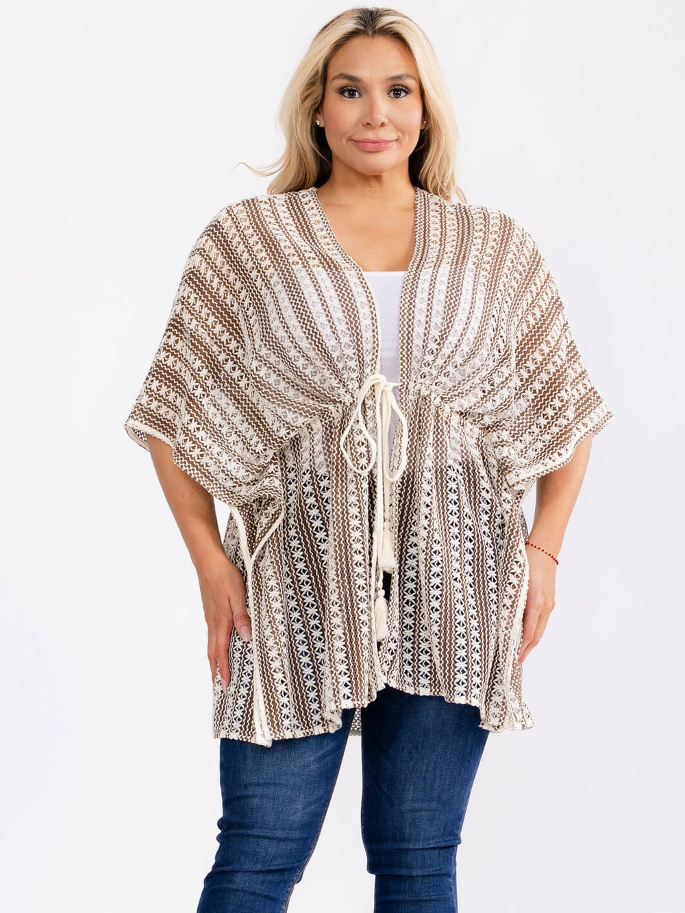 PLUS SIZE SHORT SLEEVE OPEN FRONT ADJUSTABLE WAIST CROCHET KIMONO