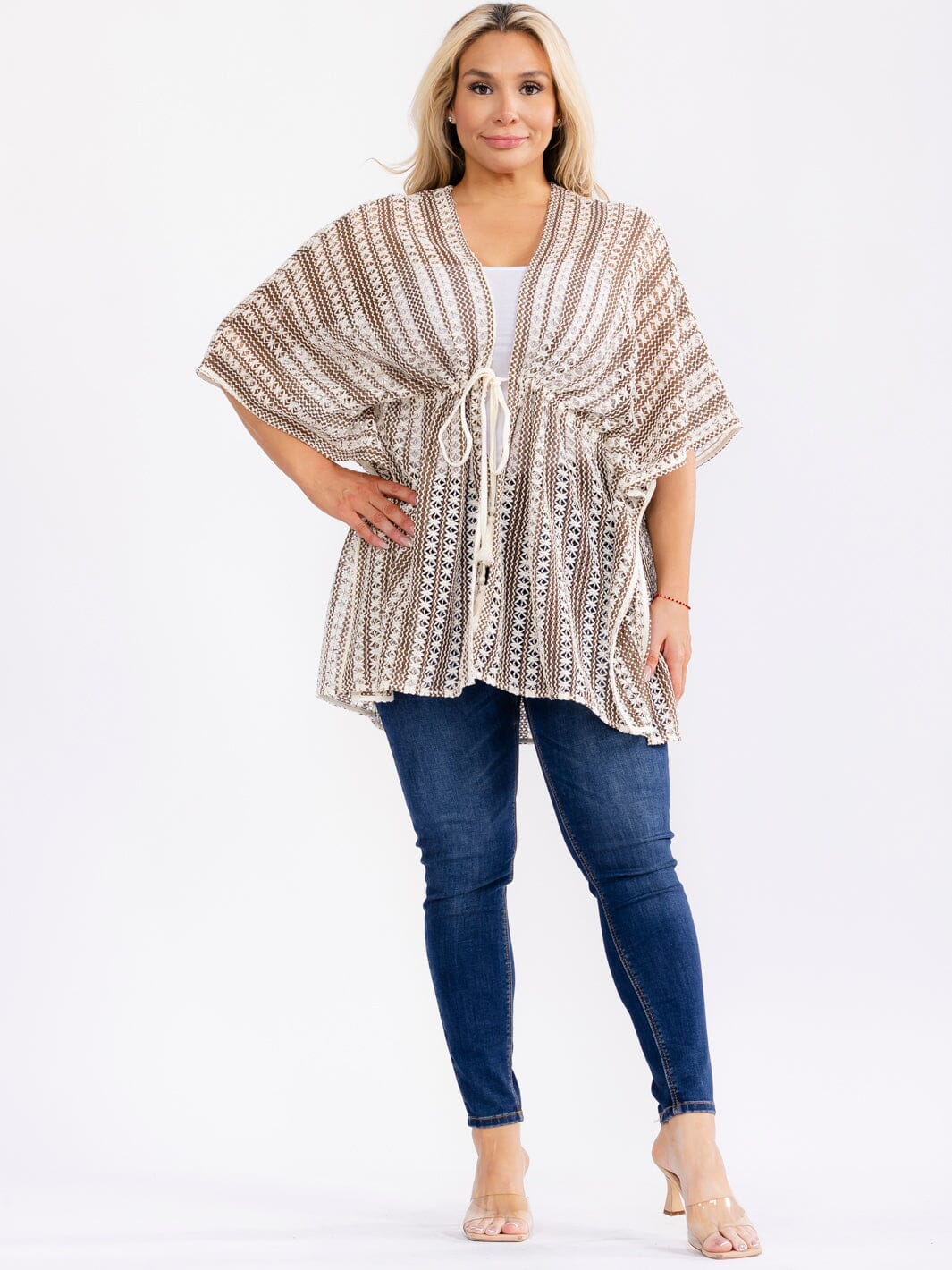 PLUS SIZE SHORT SLEEVE OPEN FRONT ADJUSTABLE WAIST CROCHET KIMONO