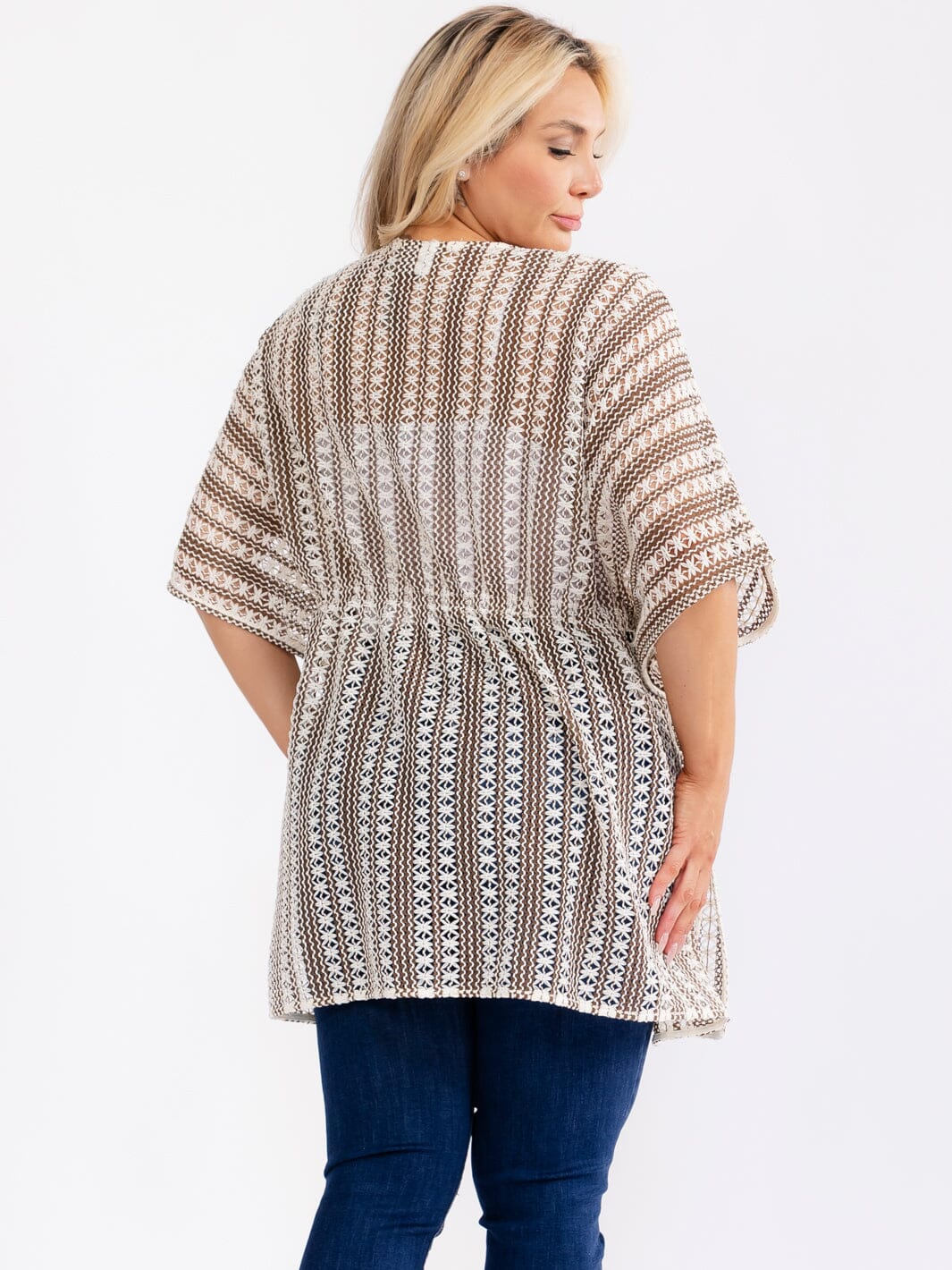 PLUS SIZE SHORT SLEEVE OPEN FRONT ADJUSTABLE WAIST CROCHET KIMONO