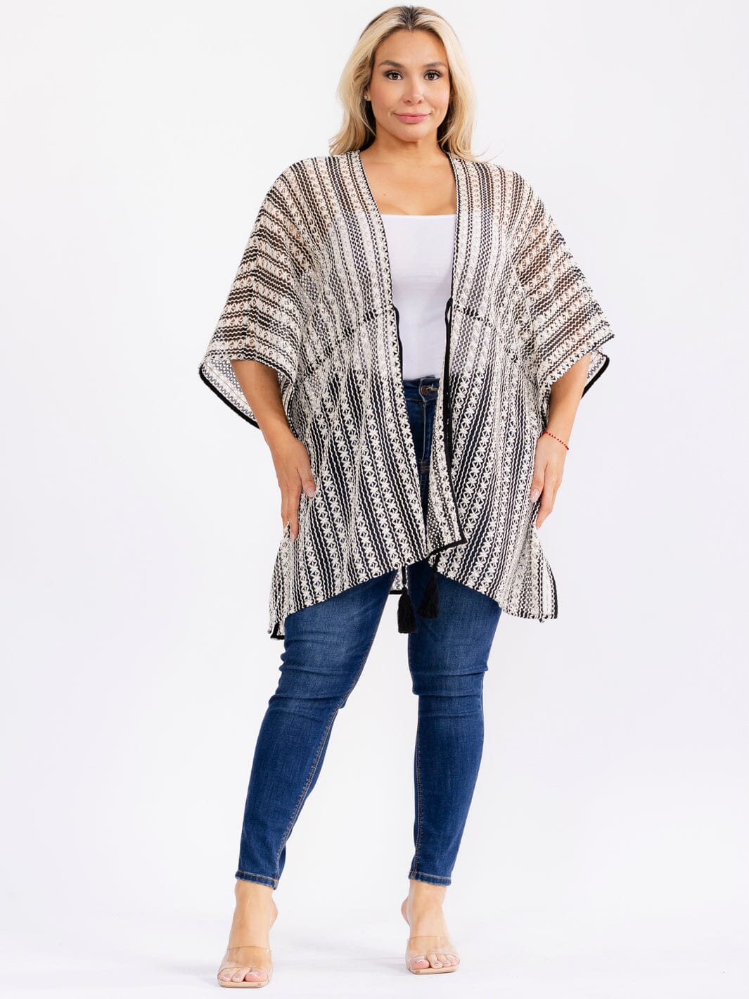 PLUS SIZE SHORT SLEEVE OPEN FRONT ADJUSTABLE WAIST CROCHET KIMONO