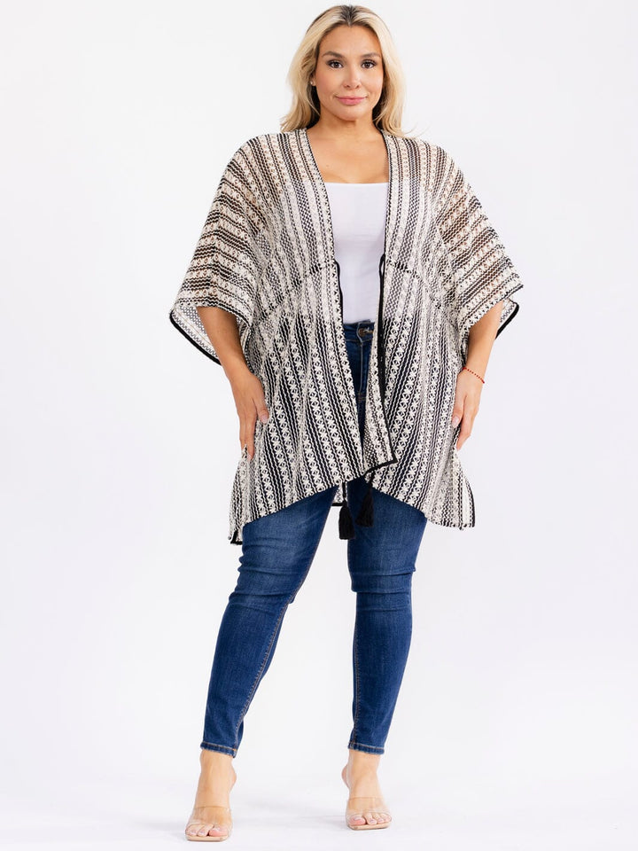 PLUS SIZE SHORT SLEEVE OPEN FRONT ADJUSTABLE WAIST CROCHET KIMONO
