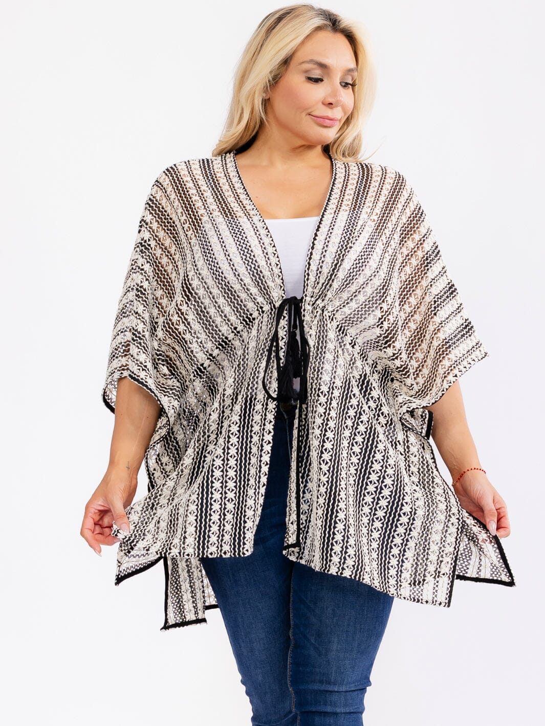 PLUS SIZE SHORT SLEEVE OPEN FRONT ADJUSTABLE WAIST CROCHET KIMONO