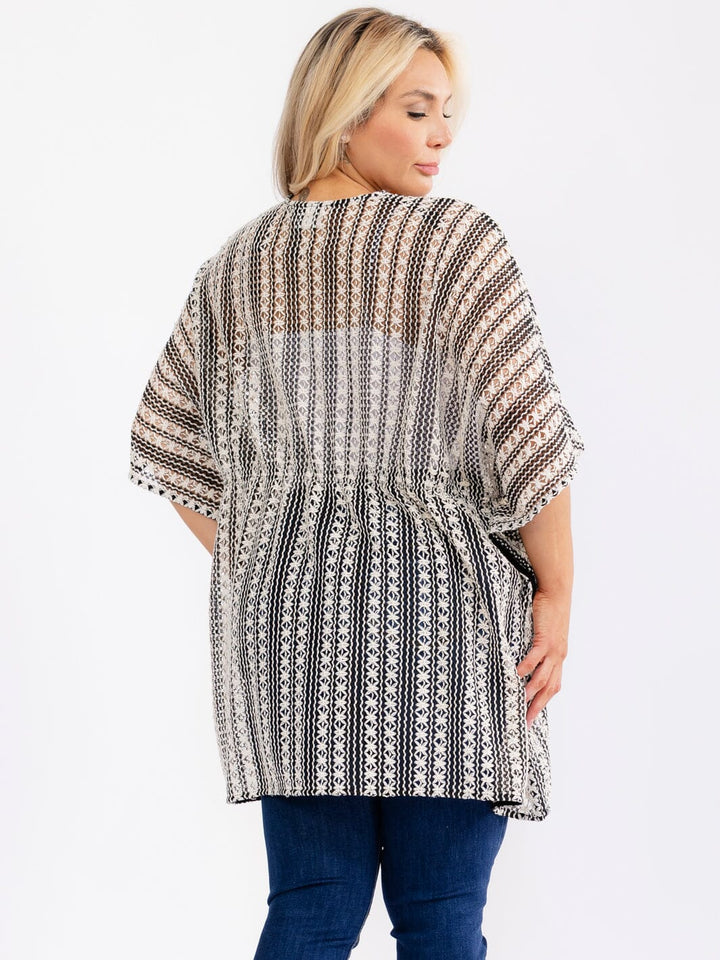 PLUS SIZE SHORT SLEEVE OPEN FRONT ADJUSTABLE WAIST CROCHET KIMONO