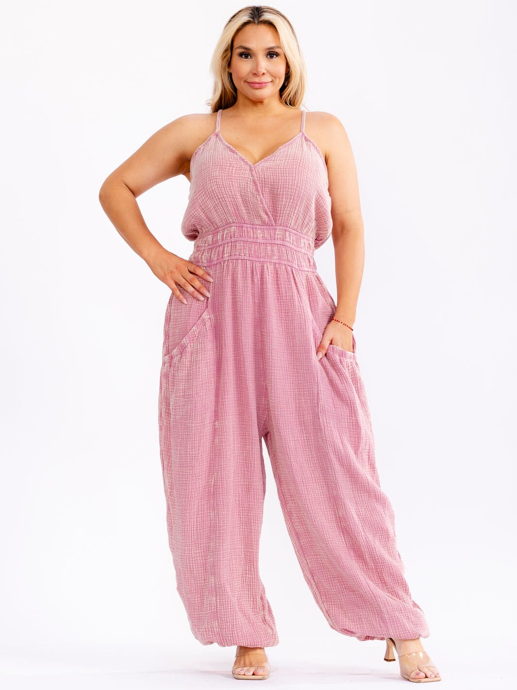 PLUS SIZE SLEEVELESS V-NECK ELASTIC WAIST POCKETS JOGGER LEG JUMPSUIT