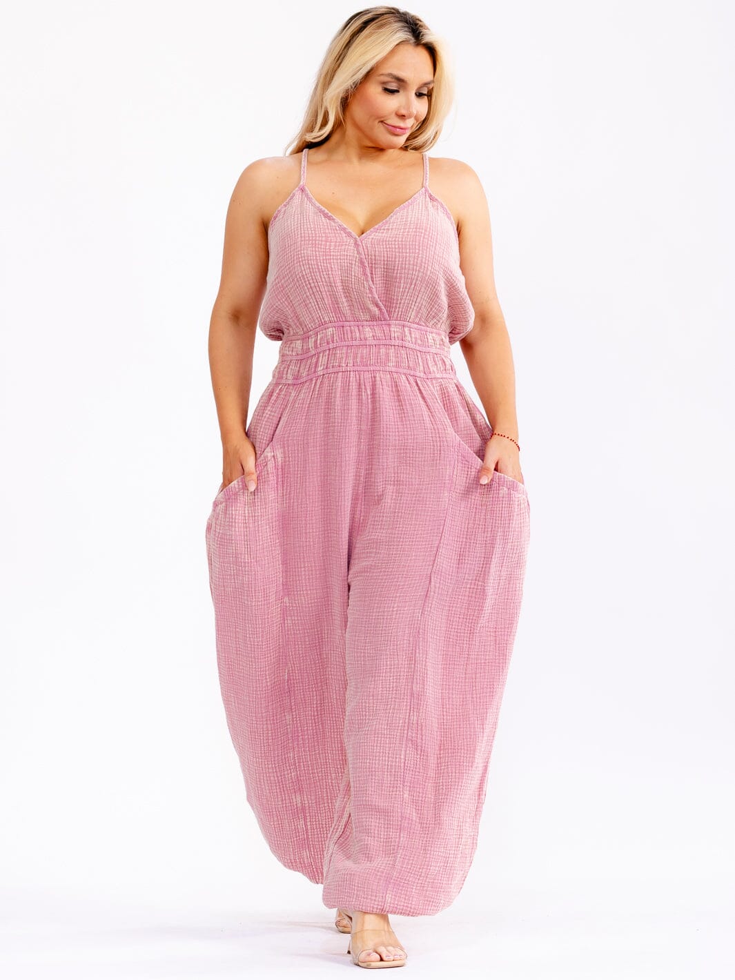 PLUS SIZE SLEEVELESS V-NECK ELASTIC WAIST POCKETS JOGGER LEG JUMPSUIT
