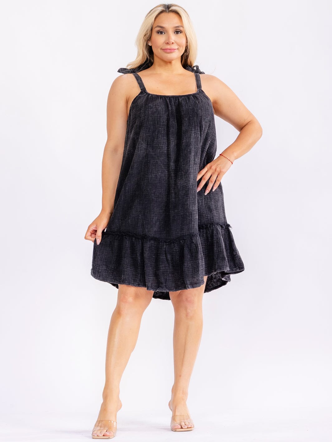 PLUS SIZE SLEEVELESS SQUARE NECK WASHED LOOSE FIT MINI DRESS
