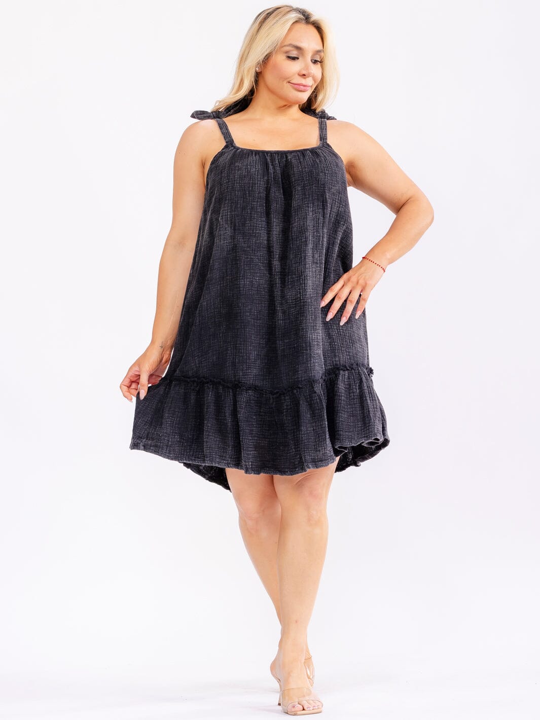 PLUS SIZE SLEEVELESS SQUARE NECK WASHED LOOSE FIT MINI DRESS