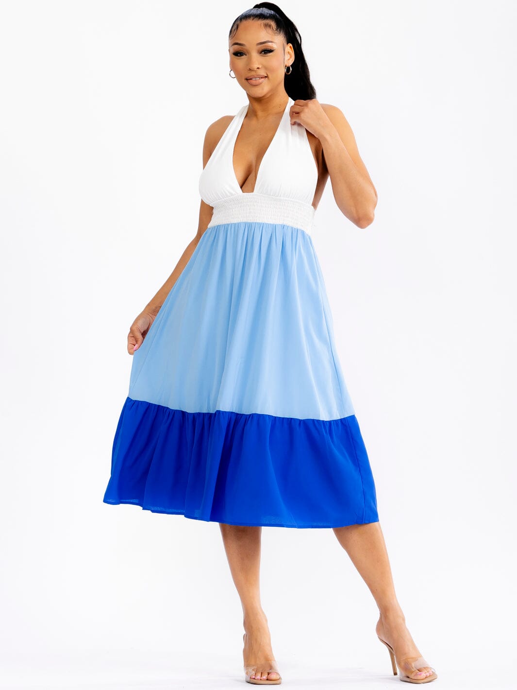 WOMEN'S SLEEVELESS HALTER NECK OPEN BACK TIERED COLORBLOCK MIDI DRESS