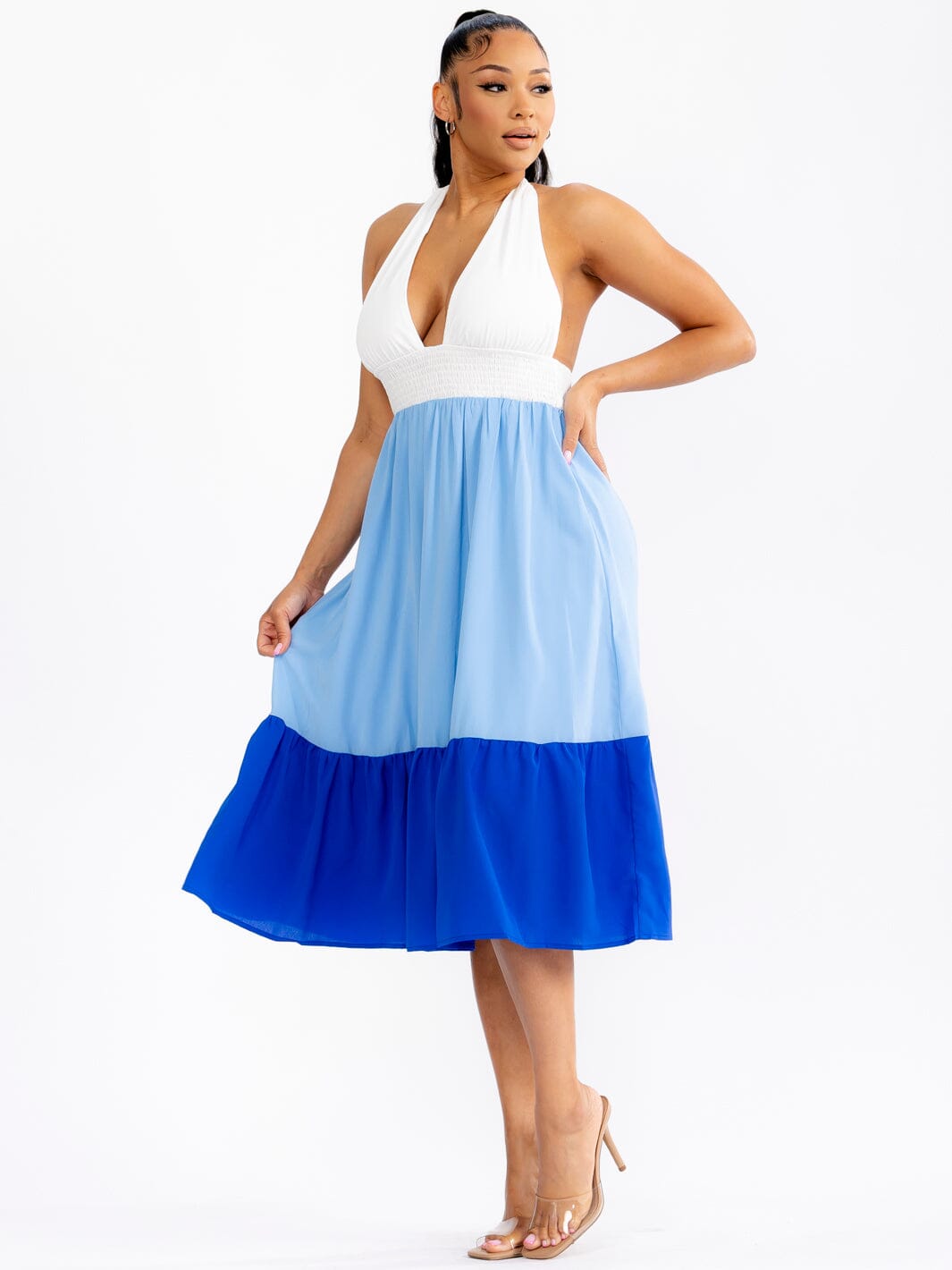 WOMEN'S SLEEVELESS HALTER NECK OPEN BACK TIERED COLORBLOCK MIDI DRESS