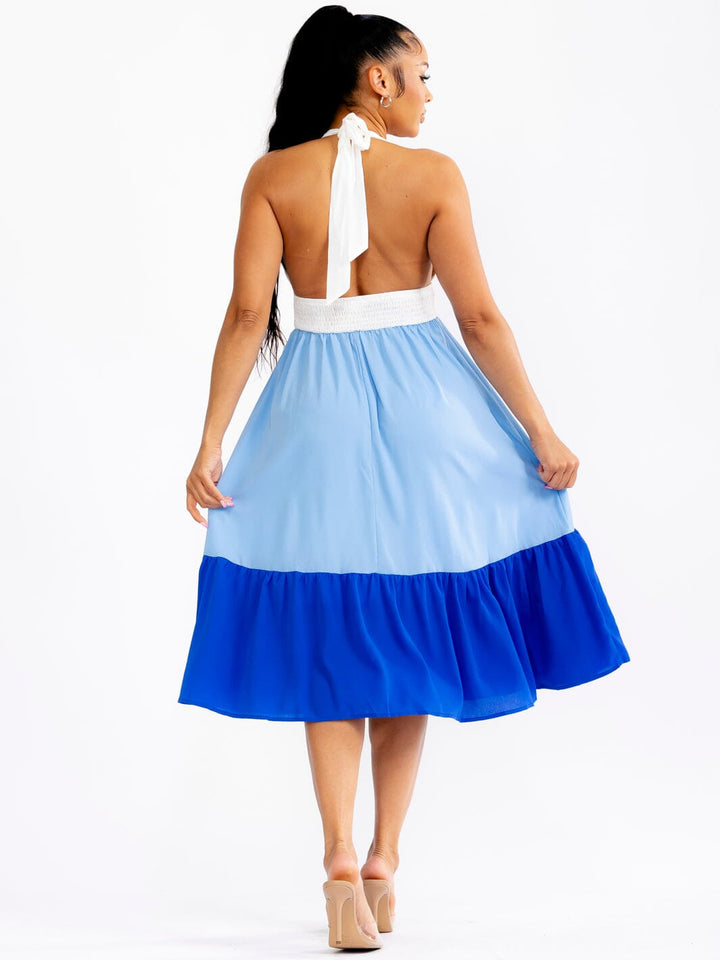 WOMEN'S SLEEVELESS HALTER NECK OPEN BACK TIERED COLORBLOCK MIDI DRESS