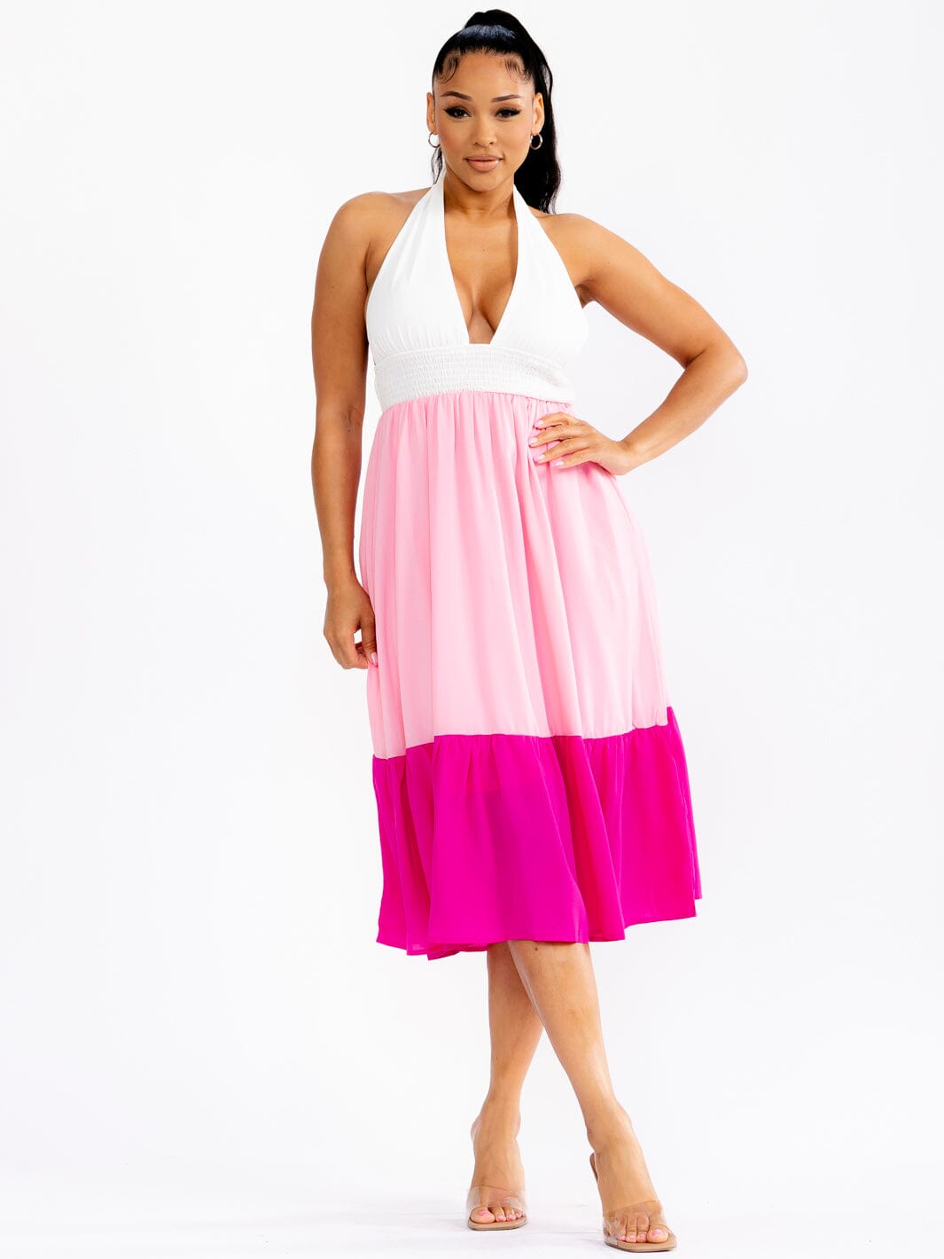 WOMEN'S SLEEVELESS HALTER NECK OPEN BACK TIERED COLORBLOCK MIDI DRESS