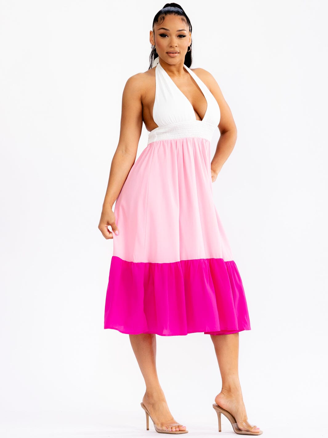 WOMEN'S SLEEVELESS HALTER NECK OPEN BACK TIERED COLORBLOCK MIDI DRESS