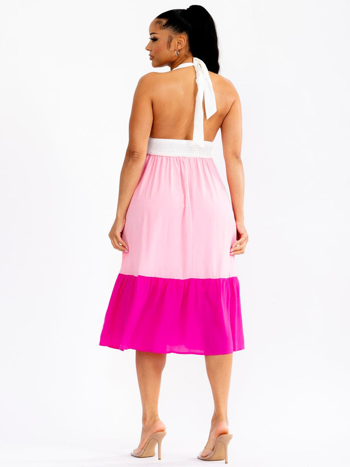 WOMEN'S SLEEVELESS HALTER NECK OPEN BACK TIERED COLORBLOCK MIDI DRESS