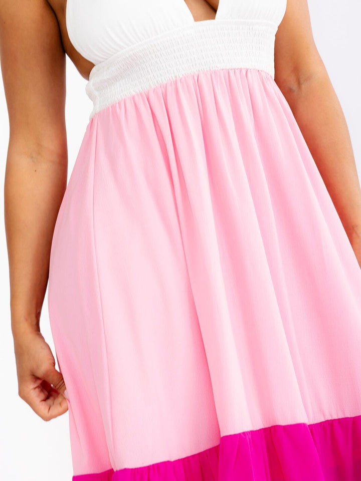 WOMEN'S SLEEVELESS HALTER NECK OPEN BACK TIERED COLORBLOCK MIDI DRESS