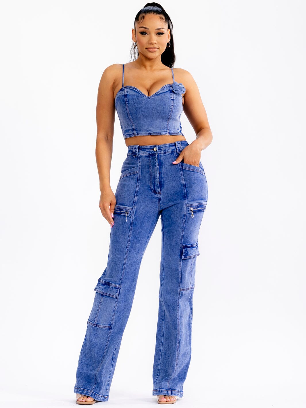 WOMEN'S SLEEVELESS CROP TOP & BUTTON CLOSURE PANTS STRETCH DENIM 2PC. SET