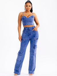 WOMEN'S SLEEVELESS CROP TOP & BUTTON CLOSURE PANTS STRETCH DENIM 2PC. SET
