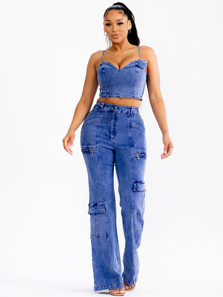 WOMEN'S SLEEVELESS CROP TOP & BUTTON CLOSURE PANTS STRETCH DENIM 2PC. SET
