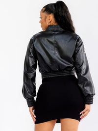 WOMEN'S LONG SLEEVE ZIP UP FRONT POCKETS STUDS PU PLEATHER JACKET