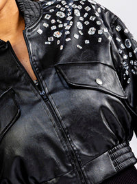 WOMEN'S LONG SLEEVE ZIP UP FRONT POCKETS STUDS PU PLEATHER JACKET