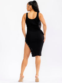 WOMEN'S SLEEVELESS SIDE BUTTON UP RIBBED BODYCON MIDI DRESS