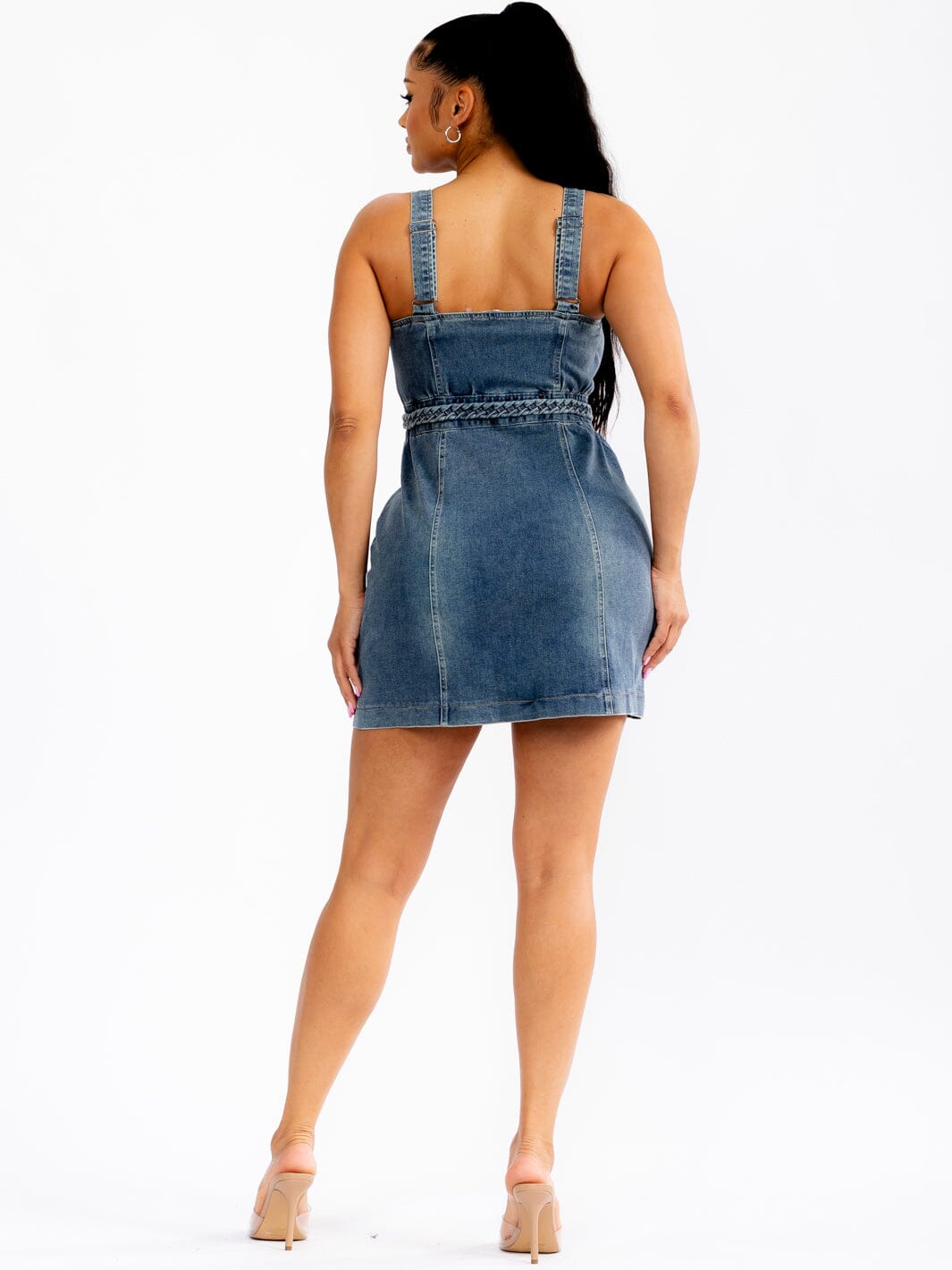 WOMEN'S SLEEVELESS ZIPPER CLOSURE BODYCON WASHED DENIM MINI DRESS