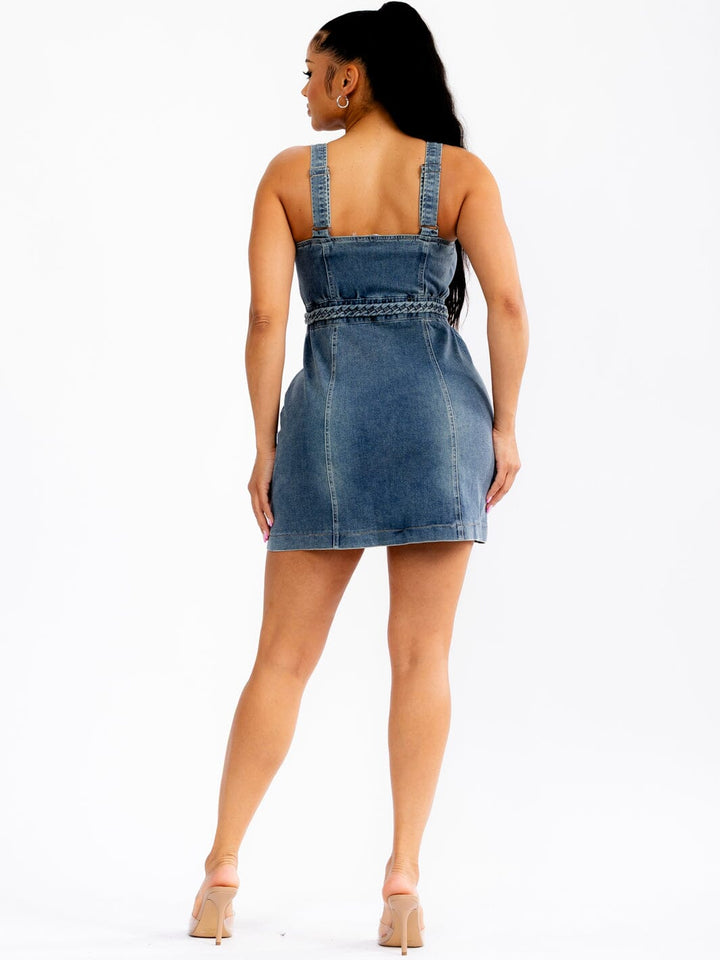 WOMEN'S SLEEVELESS ZIPPER CLOSURE BODYCON WASHED DENIM MINI DRESS