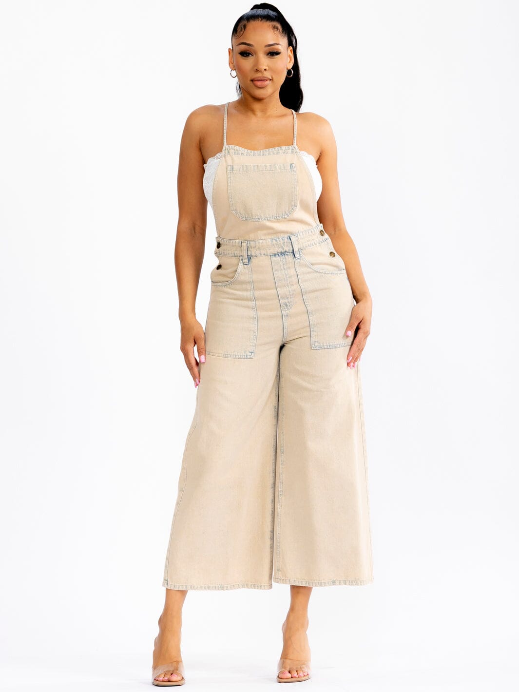 WOMEN'S SLEEVELESS OPEN BACK POCKETS WIDE LEG WASHED DENIM OVERALL