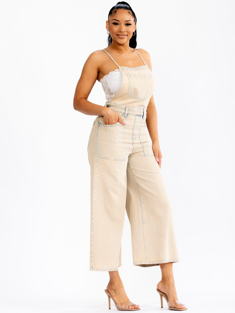 WOMEN'S SLEEVELESS OPEN BACK POCKETS WIDE LEG WASHED DENIM OVERALL