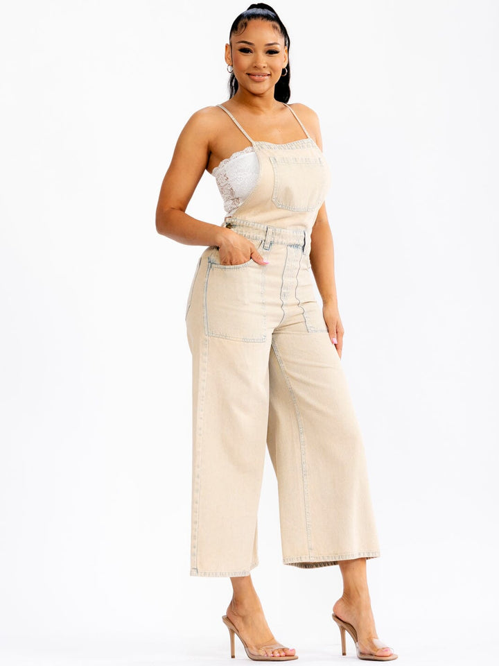 WOMEN'S SLEEVELESS OPEN BACK POCKETS WIDE LEG WASHED DENIM OVERALL