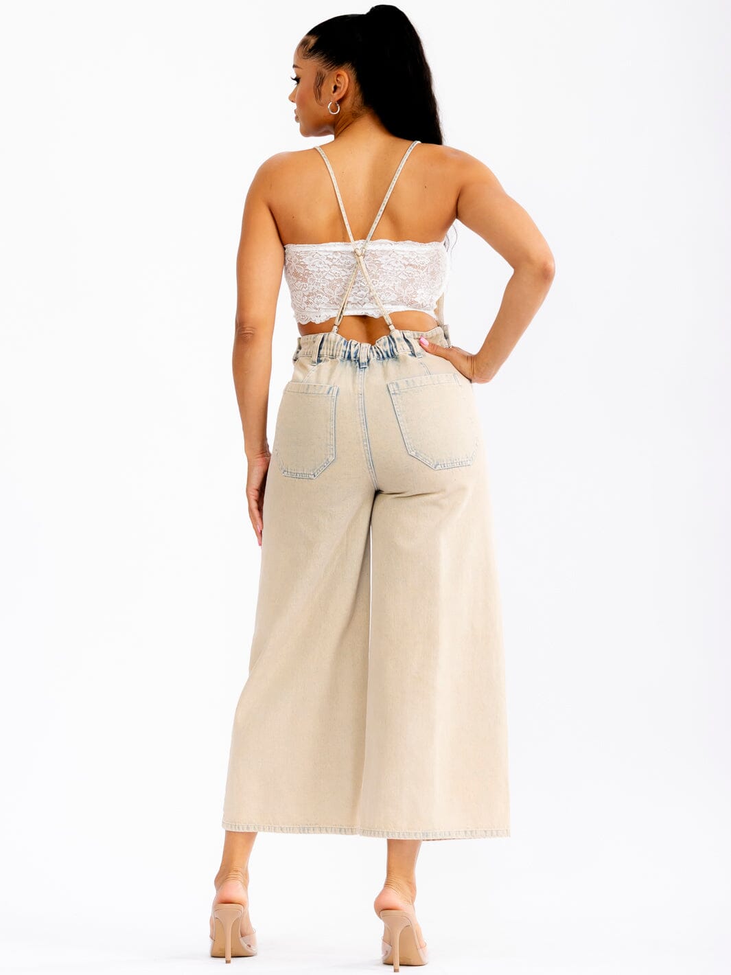WOMEN'S SLEEVELESS OPEN BACK POCKETS WIDE LEG WASHED DENIM OVERALL